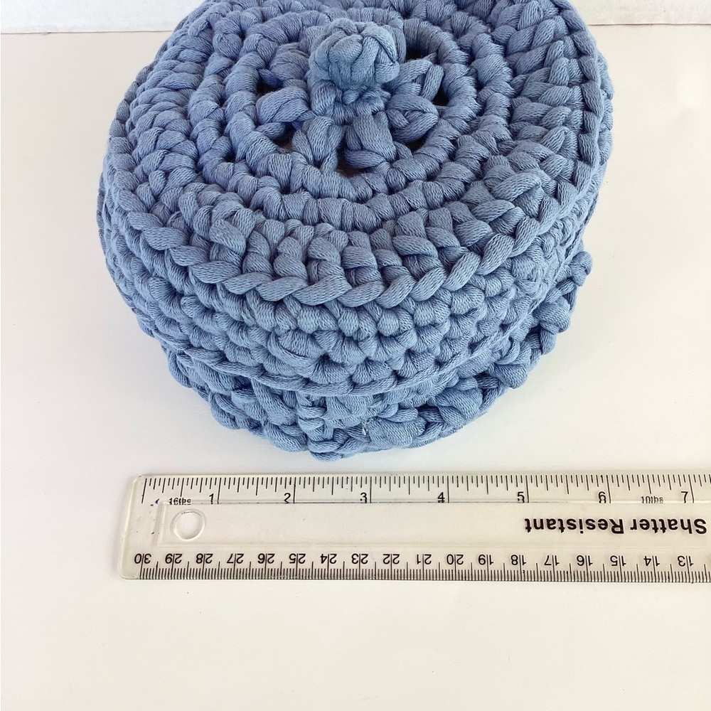 Bowl Lidded Hand Crafted Container Crochet Cotton Denim Blue Boho - Picture 14 of 16